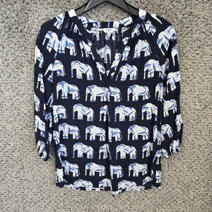 Crown & Ivy Top Womens XS Navy Blue Peasant Blouse‎ Elephant Print Casual Ladies